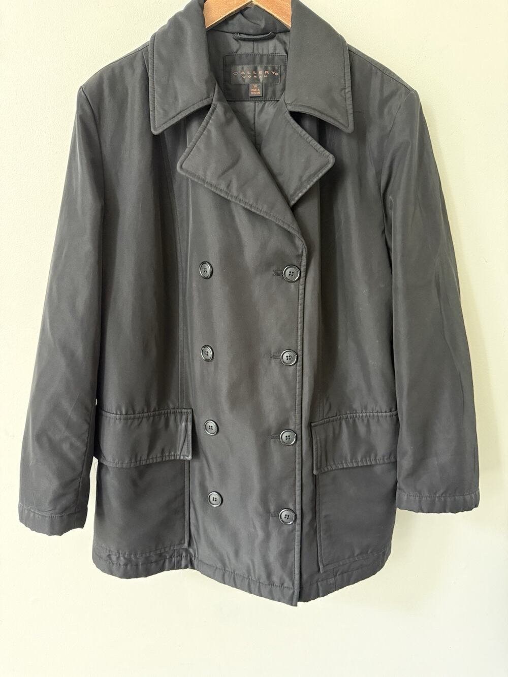 Gallery Womens Pea Coat Trench Plus Size 1X Black Button Classic City Capsule